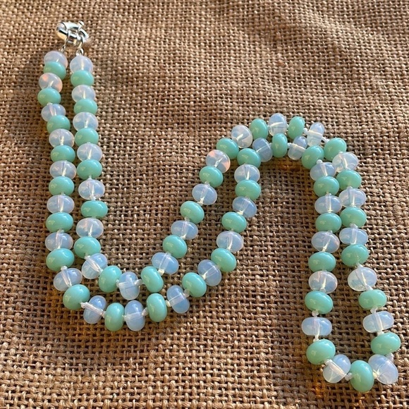 Mint Rondelle Glass & Opal Stone Beads Necklace Knotted Handmade New - Picture 2 of 10